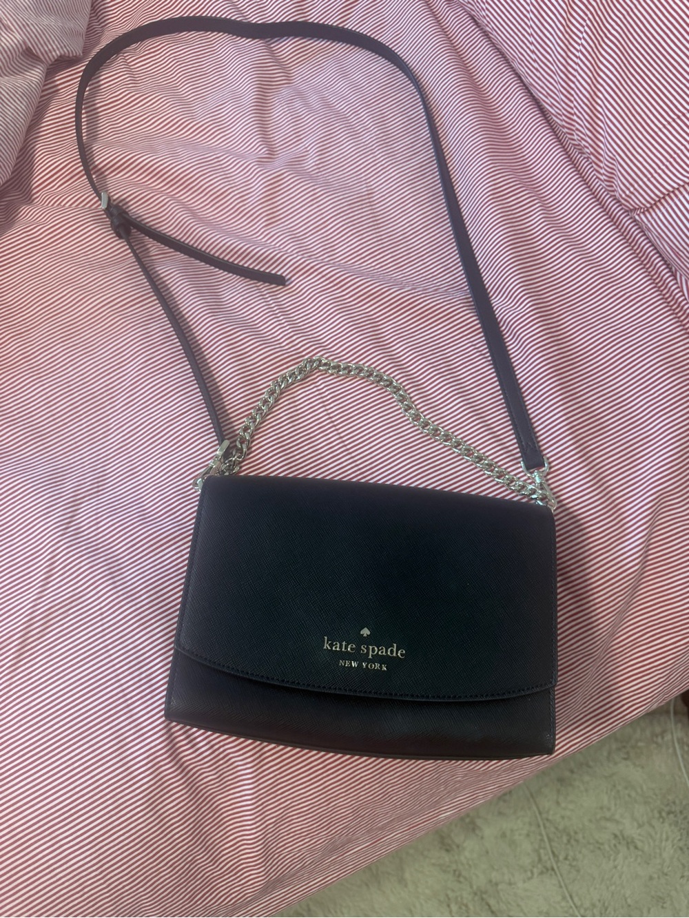 kate spade black Saffiano leather crossbody with silver chain